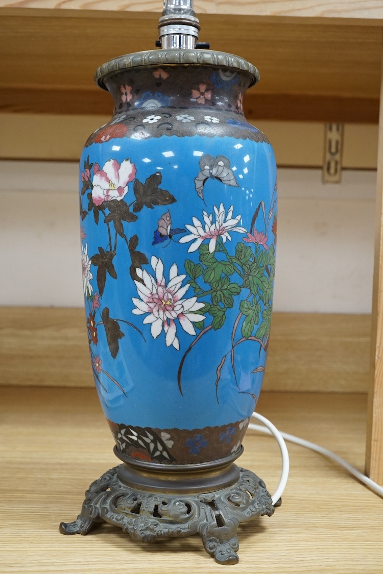 A Japanese brass-mounted cloisonné lamp base, 41cm total. Condition - fair to good, not tested